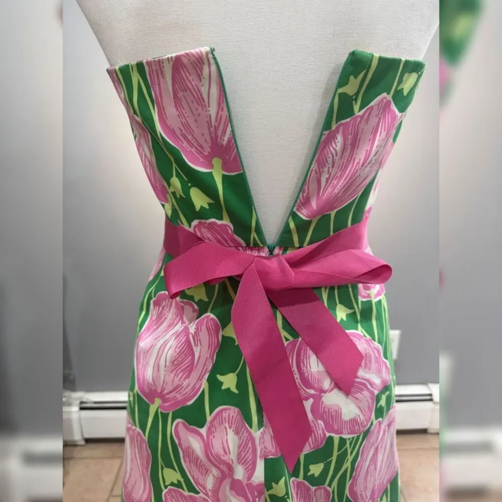 Green/Pink Lilly Pulitzer Vintage Strapless Tulip Print Dress Size 0 EUC - Picture 4 of 8